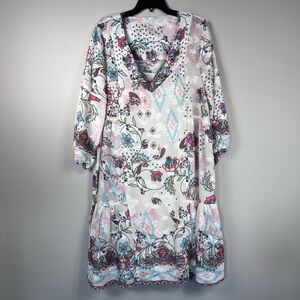 REBA XL Floral Paisley Print V-Neck Tunic Dress Cream Pastel